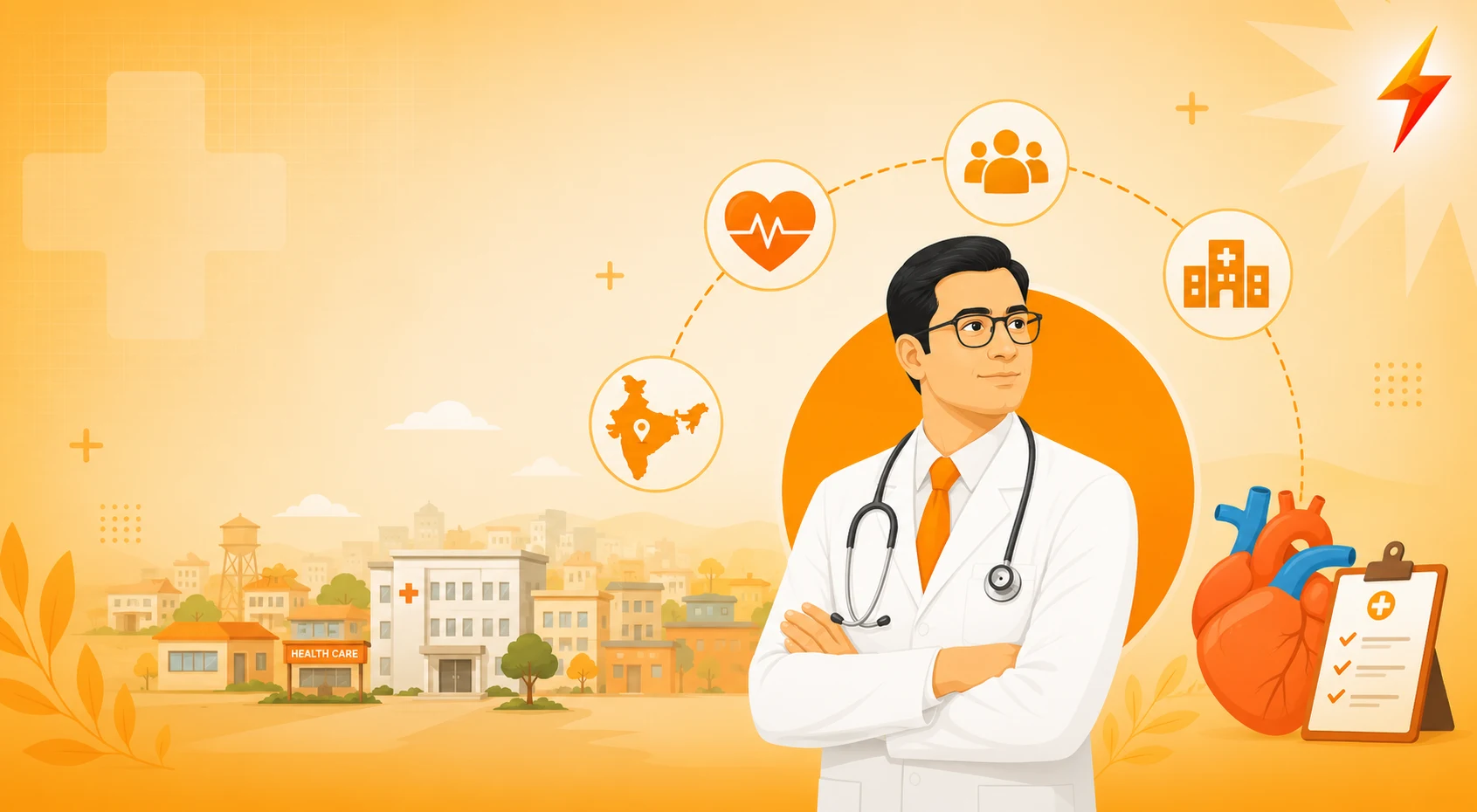 Doctor with stethoscope amid an orange medical-themed background with orbiting icons for heart health, people, hospital, and India/location.
